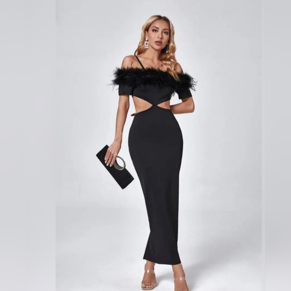 Source Unknown Dresses & Skirts - Black Feather Body con Maxi Dress